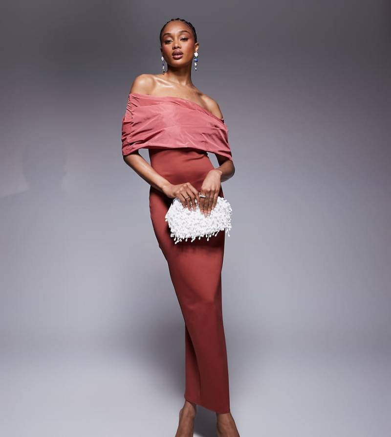 ASOS DESIGN Tall - Midikleid in Rot mit drapiertem Taft-Mieder-Detail und Bardot-Ausschnitt von ASOS Tall