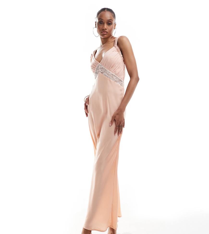 ASOS DESIGN Tall - Midikleid in Staubrosa mit geraffter Brustpartie und Spitzeneinsatz-Bunt von ASOS Tall