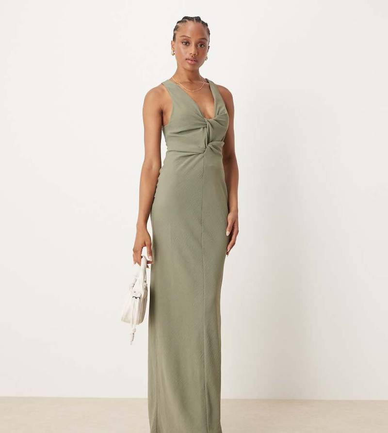 ASOS DESIGN Tall - Midikleid in blassem Salbeigrün mit drapiertem Zierknoten vorn von ASOS Tall