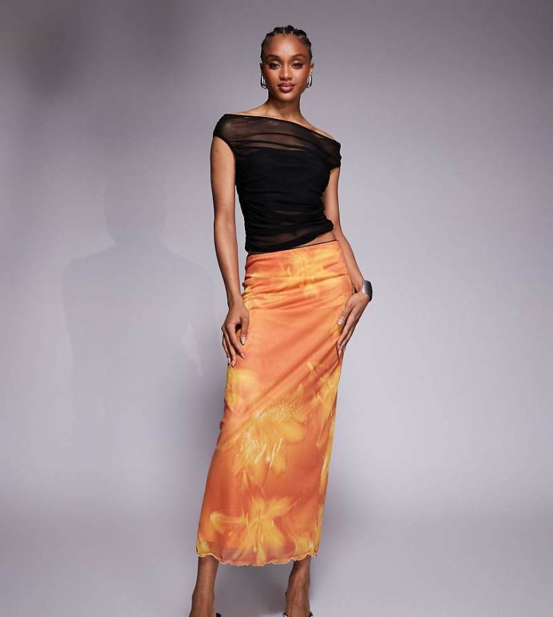 ASOS DESIGN Tall - Midirock aus Netzstoff mit übergroßem Blumenmuster-Bunt von ASOS Tall