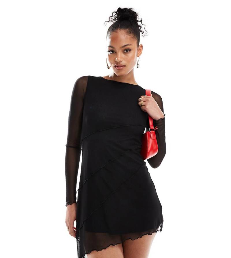 ASOS DESIGN Tall - Netzstoff-Minikleid in Schwarz mit asymmetrischem Saum und diagonaler Ziernaht von ASOS Tall