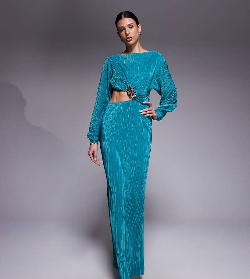 ASOS DESIGN Tall - Plissiertes Maxikleid in Petrol mit Cocoon-Ärmeln und Metall-Detail-Grün von ASOS Tall