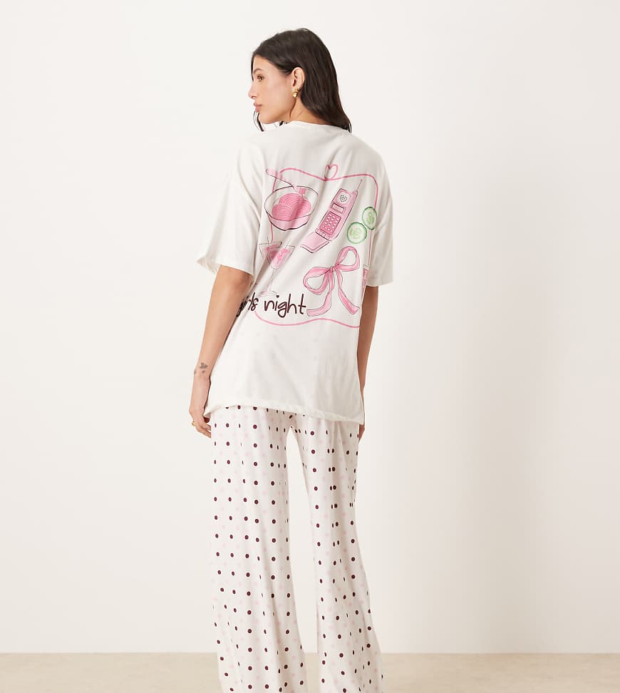 ASOS DESIGN Tall - Pyjama-Set bestehend aus Oversize-T-Shirt mit „Girls Night"-Print und weit geschnittener Hose-Bunt von ASOS Tall