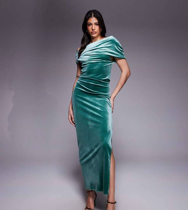 ASOS DESIGN Tall - Samt-Midikleid in Blaugrün mit abfallender Schulterpartie von ASOS Tall