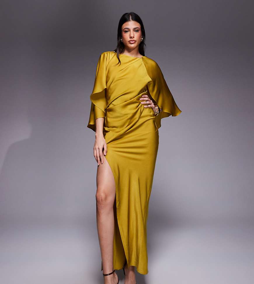 ASOS DESIGN Tall - Satin-Maxikleid in Chartreuse mit gerüschten Cape-Ärmeln, Rückenausschnitt und hohem Schlitz-Grün von ASOS Tall