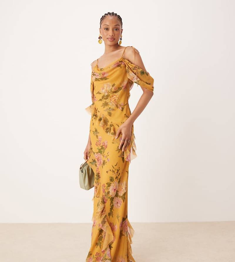 ASOS DESIGN Tall - Schulterfreies Maxikleid in Gelb mit Blumenmuster und Schrägschnitt-Bunt von ASOS Tall