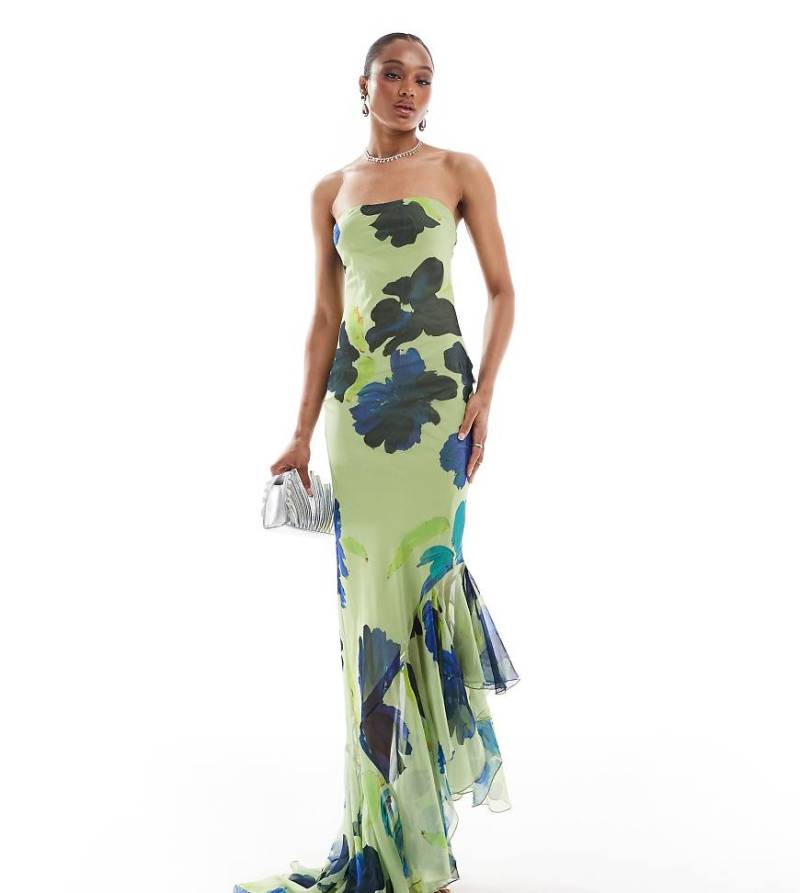 ASOS DESIGN Tall - Trägerloses Maxikleid in Limettengrün mit abstraktem Blumenmuster und asymmetrischem Rüschensaum-Bunt ASOS DESIGN Tall - Trägerloses Maxikleid in Limettengrün mit abstraktem Blumenmuster und asymmetrischem Rüschensaum-Bunt von ASOS Tall