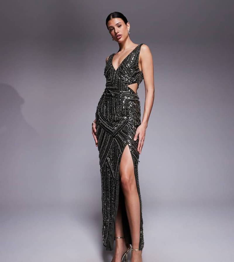 ASOS DESIGN Tall - Verziertes Midikleid in dunklem Khaki mit Cut-out in der Taille-Grün ASOS DESIGN Tall - Verziertes Midikleid in dunklem Khaki mit Cut-out in der Taille-Grün von ASOS Tall