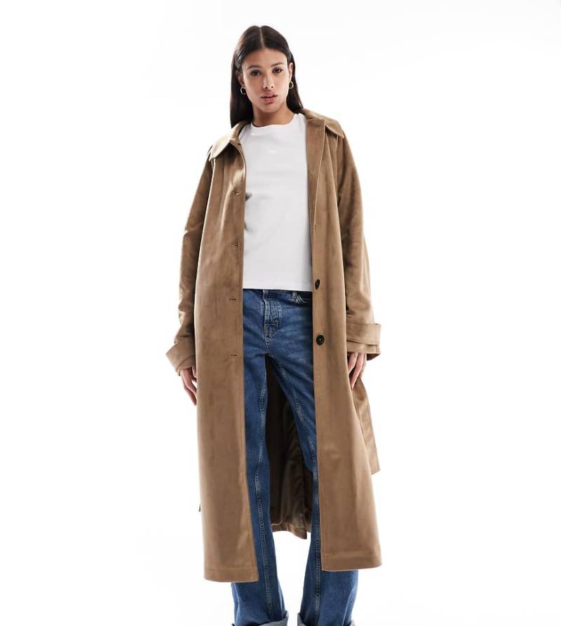 ASOS DESIGN Tall - Wildlederimitat-Trenchcoat in Steinbeige mit Trichterkragen-Keine Farbe von ASOS Tall