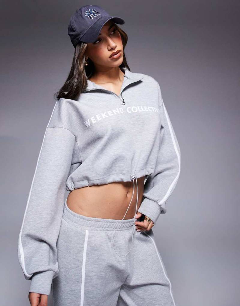 Weekend Collective - Sweatshirt aus Neopren-Stoff in Grau meliert mit kurzem Reißverschluss und Streifendetail, Kombiteil von ASOS Weekend Collective