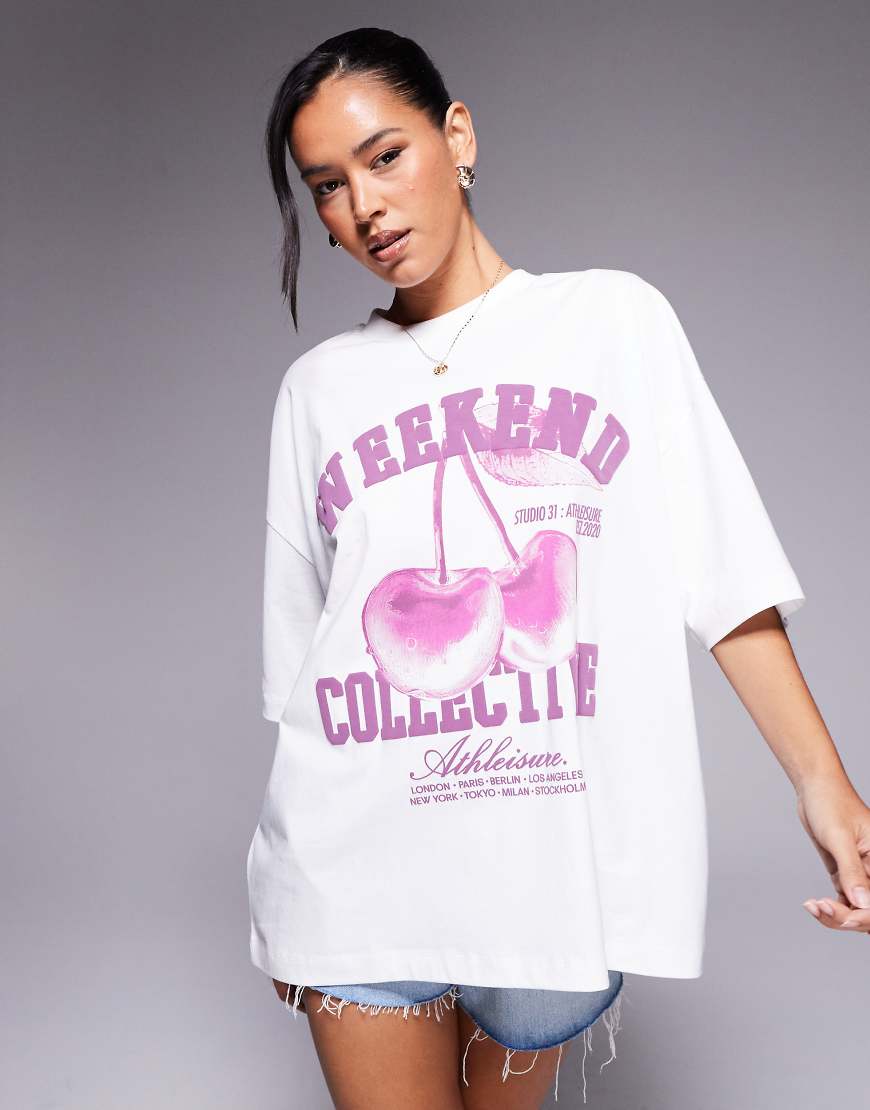 ASOS - Weekend Collective - Oversize-T-Shirt in Rosa mit Kirsch-Grafikprint-Schwarz von ASOS Weekend Collective