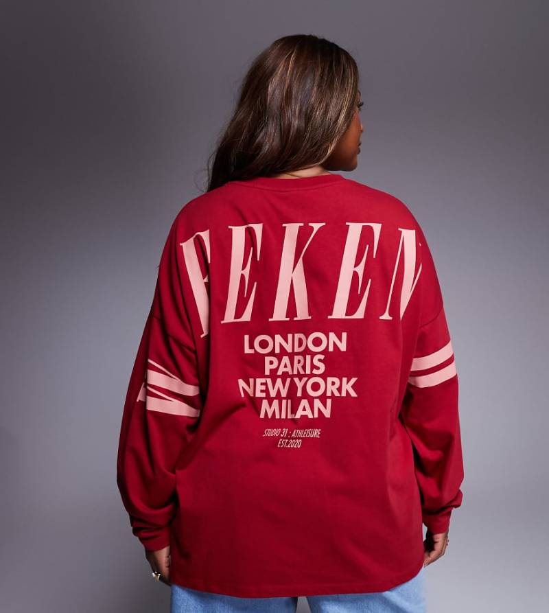 Weekend Collective Curve - Icon - Langärmliges Oversize-T-Shirt in Rot und Rosa mit Stapel-Logo am Rücken-Bunt Weekend Collective Curve - Icon - Langärmliges Oversize-T-Shirt in Rot und Rosa mit Stapel-Logo am Rücken-Bunt von ASOS Weekend Collective