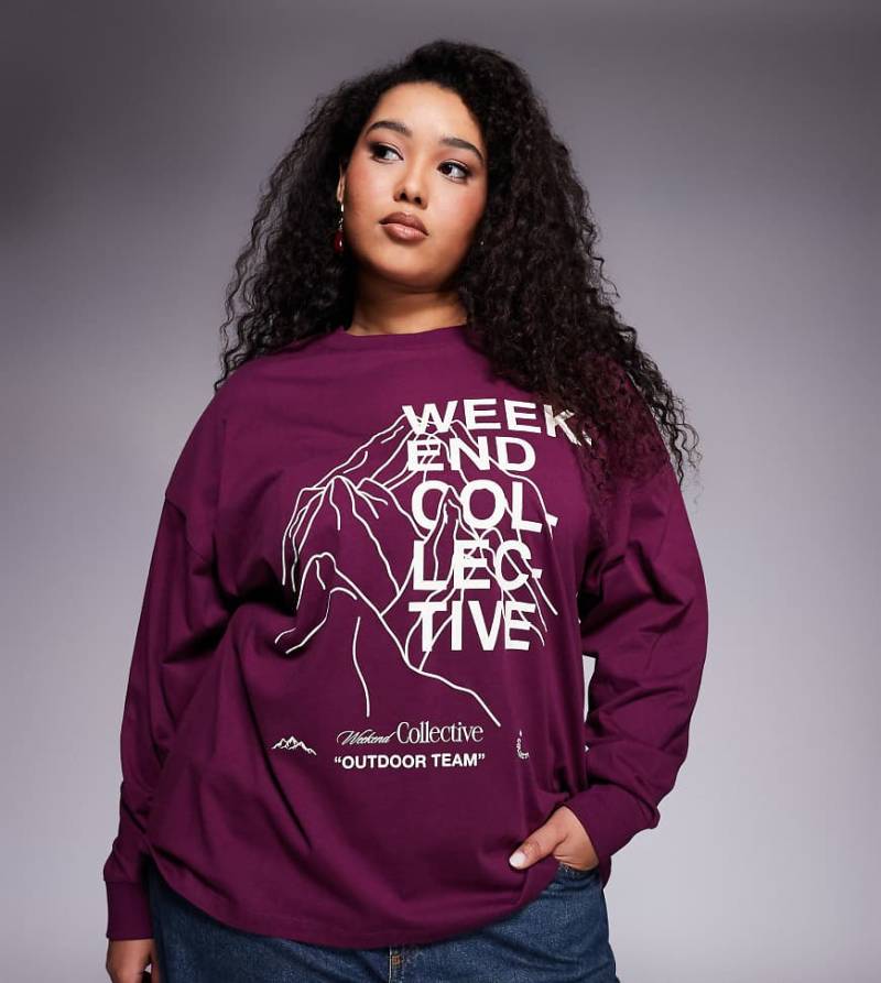 Weekend Collective Curve - Langärmliges T-Shirt in Pflaume mit Berg-Ski-Grafik-Lila von ASOS Weekend Collective