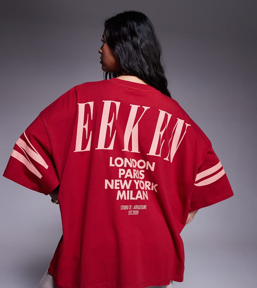 Weekend Collective Curve - Oversize-T-Shirt in Rot und Rosa mit Stapel-Logo auf dem Rücken von ASOS Weekend Collective