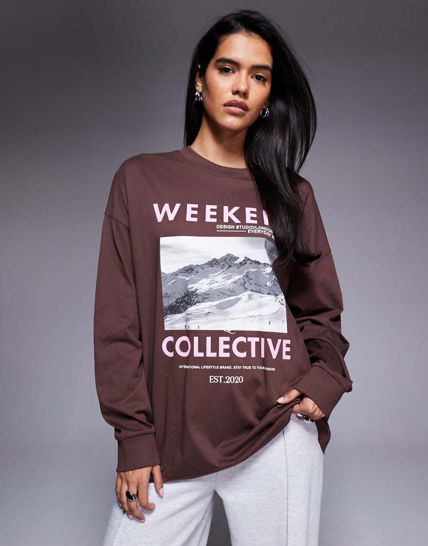 Weekend Collective - Langärmliges T-Shirt in Schokoladenbraun mit Ski-Fotografie-Brown von ASOS Weekend Collective