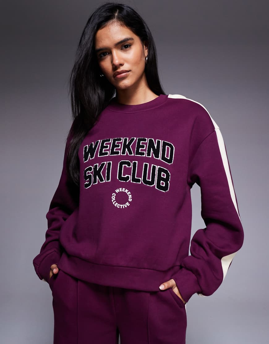 Weekend Collective - Schweres Sweatshirt in Pflaume mit Skiclub-Design, Kombiteil-Lila von ASOS Weekend Collective