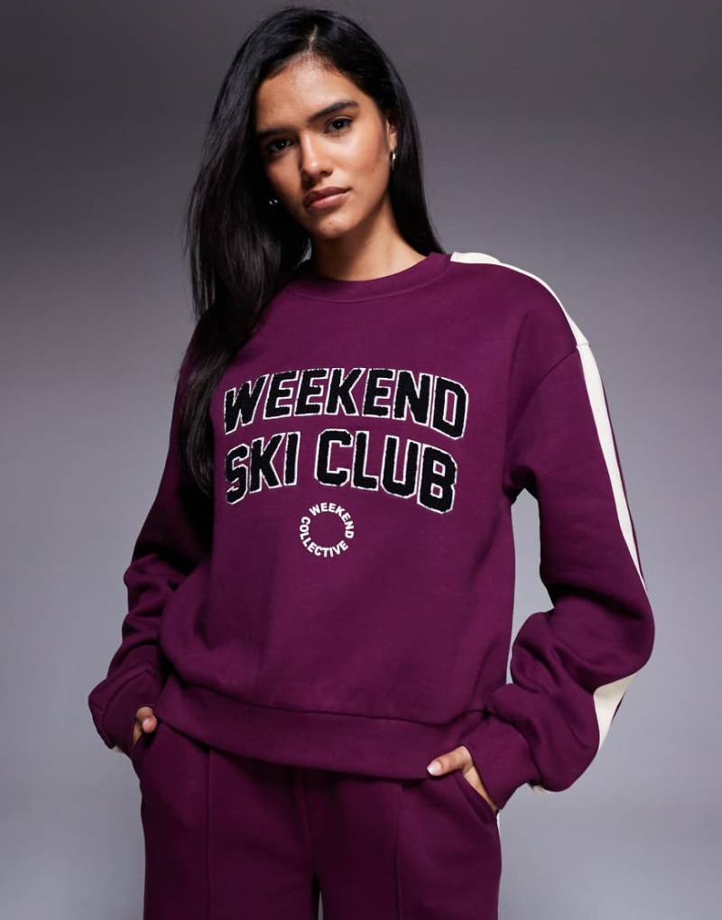 Weekend Collective - Schweres Sweatshirt in Pflaume mit Skiclub-Design, Kombiteil-Lila von ASOS Weekend Collective