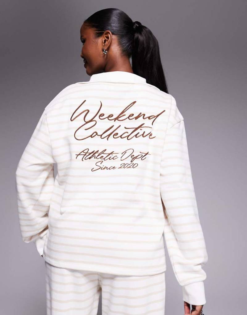 Weekend Collective - Sweatshirt in Cremeweiß gestreift mit kurzem Reißverschluss und aufgesticktem Schriftzug von ASOS Weekend Collective