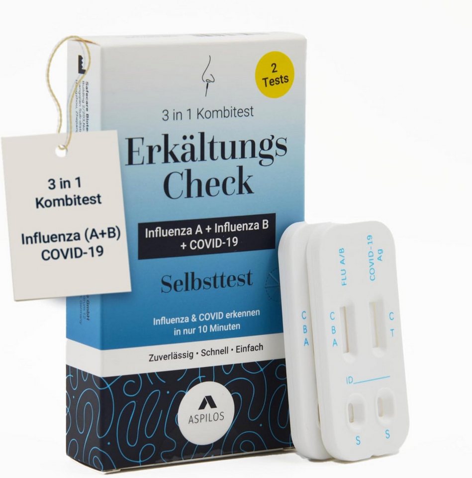 ASPILOS Influenza-Schnelltest 3-in-1 Corona & Influenza A/B Selbsttest für Zuhause in 15 Min 2er Set, präzise & sicher, Erkältungstest, 2er Pack, zum selbst durchführen, 2-tlg., Erkältungscheck, Covid Test, Influenza Schnelltest, Nasenabstrich ASPILOS Influenza-Schnelltest 3-in-1 Corona & Influenza A/B Selbsttest für Zuhause in 15 Min 2er Set, präzise & sicher, Erkältungstest, 2er Pack, zum selbst durchführen, 2-tlg., Erkältungscheck, Covid Test, Influenza Schnelltest, Nasenabstrich von ASPILOS