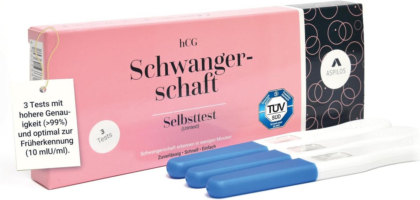 ASPILOS Schwangerschaftstest hCG Selbsttest für Zuhause in 5 Minuten - 3er Set, zuverlässig & präzise 3-St., Urin-Test, Labor-Qualität, medizinischer Test ASPILOS Schwangerschaftstest hCG Selbsttest für Zuhause in 5 Minuten - 3er Set, zuverlässig & präzise 3-St., Urin-Test, Labor-Qualität, medizinischer Test von ASPILOS
