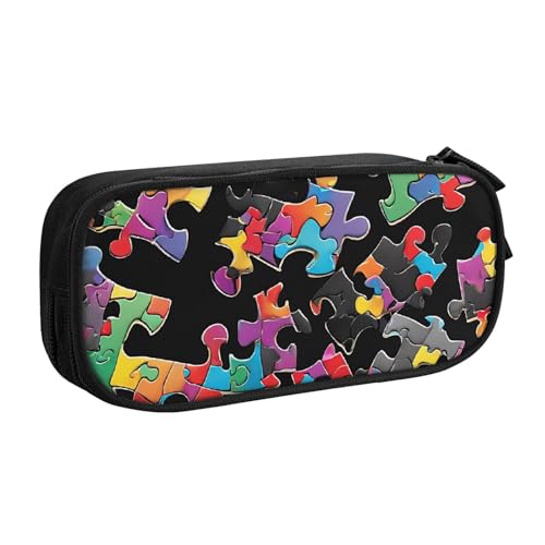 ASPOIJHN (Autismus-Bewusstseins-Puzzleteile, Herz) großes Fassungsvermögen, doppellagiges Federmäppchen, Schreibwaren-Aufbewahrungstasche, tragbarer Stift-Organizer für Schule, Bürobedarf, Autismus von ASPOIJHN