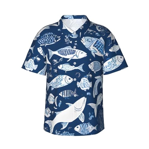 ASPOIJHN (Süßer blauer Fisch) lebendiges Herren-Hawaii-Hemd, lustiger Druck, Strandhemd, Button-Down-Shirt, tropisch, kurzärmelig, lässig, Strandmode, Niedlicher blauer Fisch, XXL von ASPOIJHN