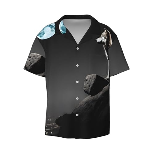 ASPOIJHN (Wolf Night Moon) Herren Casual Kurzarm Hemd Hawaiihemd Stilvolle Button Down Strandhemd für Alltag, Wolf Night Moon, L von ASPOIJHN