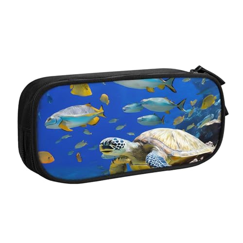 ASPOIJHN Federmäppchen mit Meeresschildkröte mit Fischen, großes Fassungsvermögen, doppellagig, Schreibwaren, Aufbewahrungstasche, tragbarer Stift-Organizer für Schule, Bürobedarf, Meeresschildkröte von ASPOIJHN