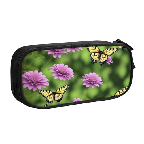ASPOIJHN Federmäppchen mit Schmetterlingsmotiv und lila Blumen, großes Fassungsvermögen, doppellagig, Schreibwaren, Aufbewahrungstasche, tragbarer Stift-Organizer für Schule, Bürobedarf, Schmetterling von ASPOIJHN