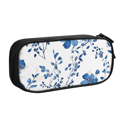 ASPOIJHN Federmäppchen mit blauem Blumenmuster, große Kapazität, doppellagig, Schreibwaren, Aufbewahrungstasche, tragbarer Stift-Organizer für Schule, Bürobedarf, Blaue Blumen Blumenmuster Rosen, von ASPOIJHN