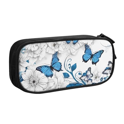 ASPOIJHN Federmäppchen mit blauem Schmetterling, weißen Blumen, großes Fassungsvermögen, doppellagig, Schreibwaren, Aufbewahrungstasche, tragbarer Stift-Organizer für Schule, Bürobedarf, Blaue von ASPOIJHN