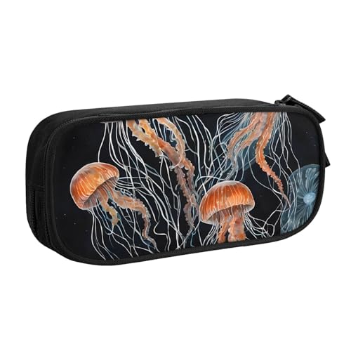 ASPOIJHN Federmäppchen mit großem Fassungsvermögen, doppellagig, Schreibwaren, Aufbewahrungstasche, tragbarer Stift-Organizer für Schule, Bürobedarf, Blau und Gold, Blaue und goldene Quallen, von ASPOIJHN