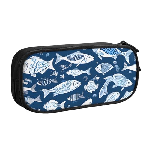 ASPOIJHN Federmäppchen mit niedlichem blauem Fisch, großes Fassungsvermögen, doppellagig, Schreibwaren, Aufbewahrungstasche, tragbarer Stift-Organizer für Schule, Bürobedarf, Niedlicher blauer Fisch, von ASPOIJHN