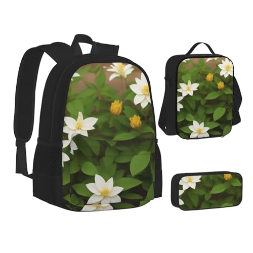ASPOIJHN Federmäppchen und Lunchtasche, Motiv: Clematis Flowers, Kollektion für Mädchen, Jungen, Teenager, Kinder, Grundschulanfang, Schulanfang, Schwarz , Einheitsgröße, Schulranzen-Set von ASPOIJHN