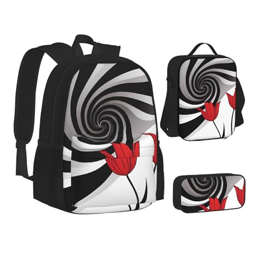 ASPOIJHN Rucksack, Federmäppchen und Lunchtasche, Kollektion für Mädchen, Jungen, Teenager, Kinder, Grundschulanfang, Schulanfang, Rot, Schwarz , Einheitsgröße, Schulranzen-Set von ASPOIJHN