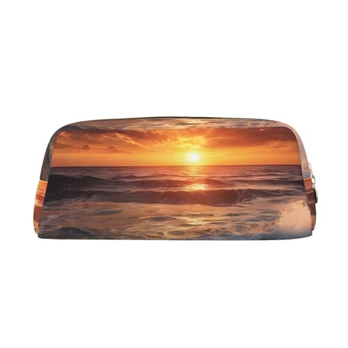 ASPOIJHN Vielseitiges Leder-Federmäppchen mit Sonnenuntergang und Strand, stilvolle Aufbewahrungstasche für Schule, Büro, Schreibwaren, Kosmetiktasche, Münzen, Organizer, gold, Einheitsgröße, von ASPOIJHN