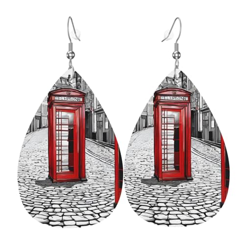 Leder-Ohrringe für Damen, lange baumelnde Ohrringe für Mädchen, Geschenkzubehör (London Red Telefonzelle in London), Einheitsgröße, Kunstleder von ASPOIJHN