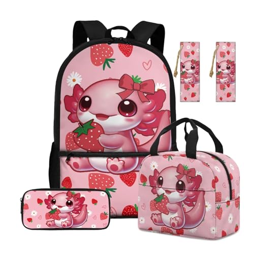 ASQVTIFE 4-teiliger Kinder-Rucksack mit Lunchbox und Wasserflaschen-Tasche mit Seitentasche, lässiger Rucksack, Axolotl Apple, Einheitsgröße von ASQVTIFE