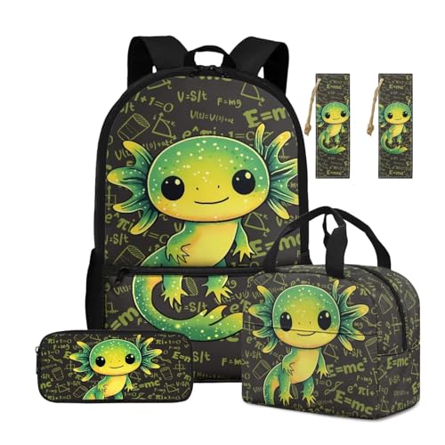ASQVTIFE 4-teiliger Kinder-Rucksack mit Lunchbox und Wasserflaschen-Tasche mit Seitentasche, lässiger Rucksack, Axolotl Grün, Einheitsgröße von ASQVTIFE