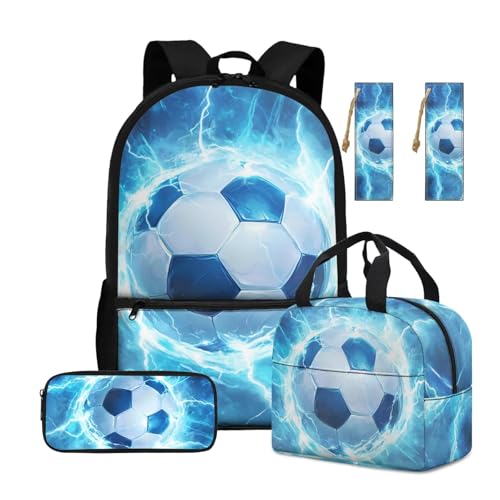 ASQVTIFE 4-teiliger Kinder-Rucksack mit Lunchbox und Wasserflaschen-Tasche mit Seitentasche, lässiger Rucksack, Blue Lightning Fußball, Einheitsgröße von ASQVTIFE