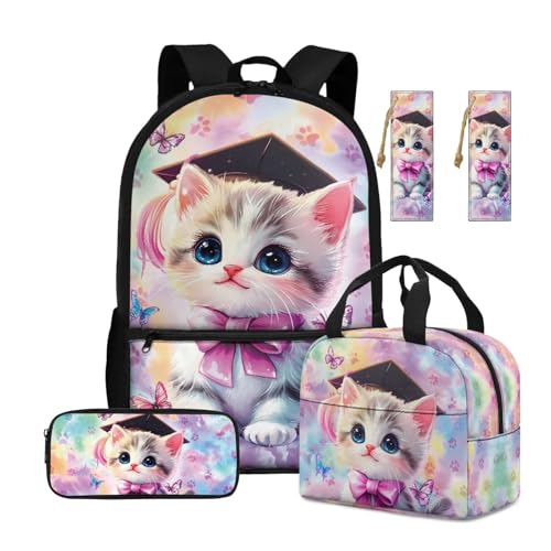 ASQVTIFE 4-teiliger Kinder-Rucksack mit Lunchbox und Wasserflaschen-Tasche mit Seitentasche, lässiger Rucksack, Cat Doctoral, Einheitsgröße von ASQVTIFE
