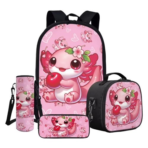 ASQVTIFE 43,2 cm Schulbüchertaschen-Set 4-teilig Rucksäcke Isolierte LunchBox Leichter Kinder Casual Rucksack, Axolotl, Einheitsgröße von ASQVTIFE