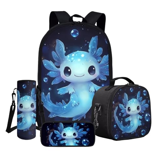 ASQVTIFE 43,2 cm Schulbüchertaschen-Set 4-teilig Rucksäcke Isolierte LunchBox Leichter Kinder Casual Rucksack, Axolotl Blau, Einheitsgröße von ASQVTIFE