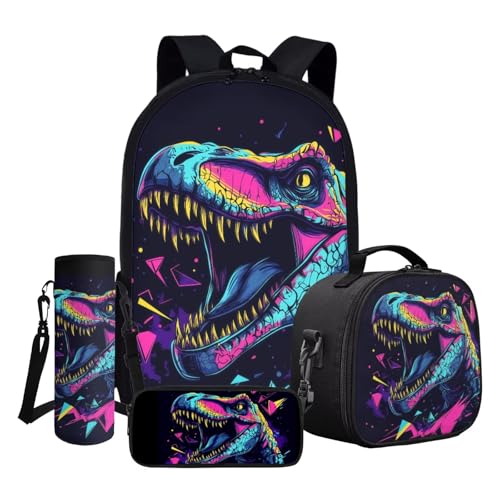 ASQVTIFE 43,2 cm Schulbüchertaschen-Set 4-teilig Rucksäcke Isolierte LunchBox Leichter Kinder Casual Rucksack, Farbenfroher Dinosaurier, Einheitsgröße von ASQVTIFE