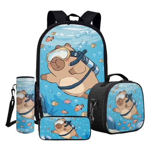 ASQVTIFE 43,2 cm Schulbüchertaschen-Set 4-teilig Rucksäcke Isolierte LunchBox Leichter Kinder Casual Rucksack, Oceans Capybara, Einheitsgröße von ASQVTIFE