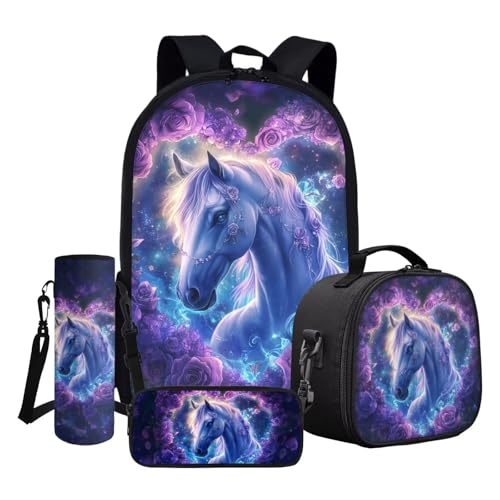 ASQVTIFE 43,2 cm Schulbüchertaschen-Set 4-teilig Rucksäcke Isolierte LunchBox Leichter Kinder Casual Rucksack, Pferd lila Blume, Einheitsgröße von ASQVTIFE