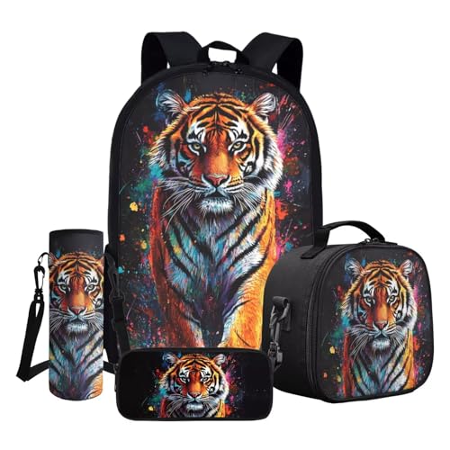 ASQVTIFE 43,2 cm Schulbüchertaschen-Set 4-teilig Rucksäcke Isolierte LunchBox Leichter Kinder Casual Rucksack, tiger, Einheitsgröße von ASQVTIFE