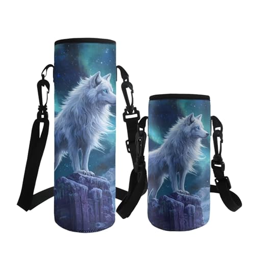ASQVTIFE Animal Wolf Wasserflaschenhülle mit verstellbarem Schultergurt für Kinder Neopren Isolierte Galaxy Wolf Wasserflasche Halter mit Gurt für Edelstahl Glas Plastikflaschen von ASQVTIFE