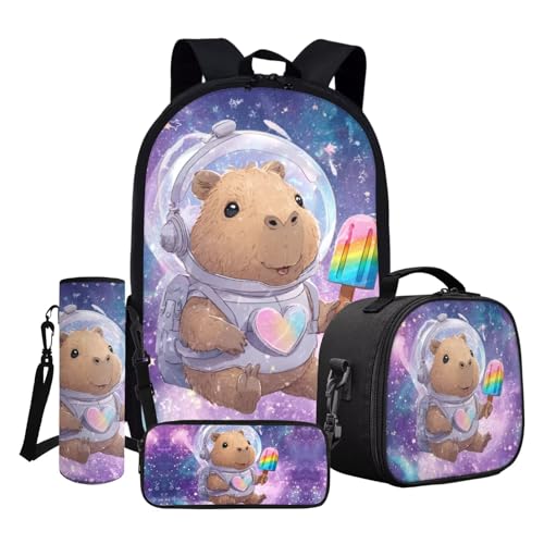 ASQVTIFE Kinder-Rucksack-Set, Schultasche und Lunchtasche mit Federmäppchen, Wasserflaschenhülle, Astronaut Capybara, Einheitsgröße von ASQVTIFE