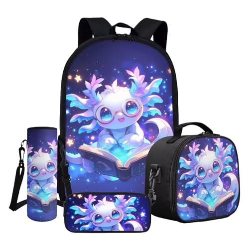 ASQVTIFE Kinder-Rucksack-Set, Schultasche und Lunchtasche mit Federmäppchen, Wasserflaschenhülle, Blau Axolotl, Einheitsgröße von ASQVTIFE